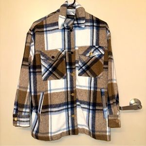 Zara Brown White Blue Plaid Flannel Shirt Jacket Oversized Shacket Overshirt